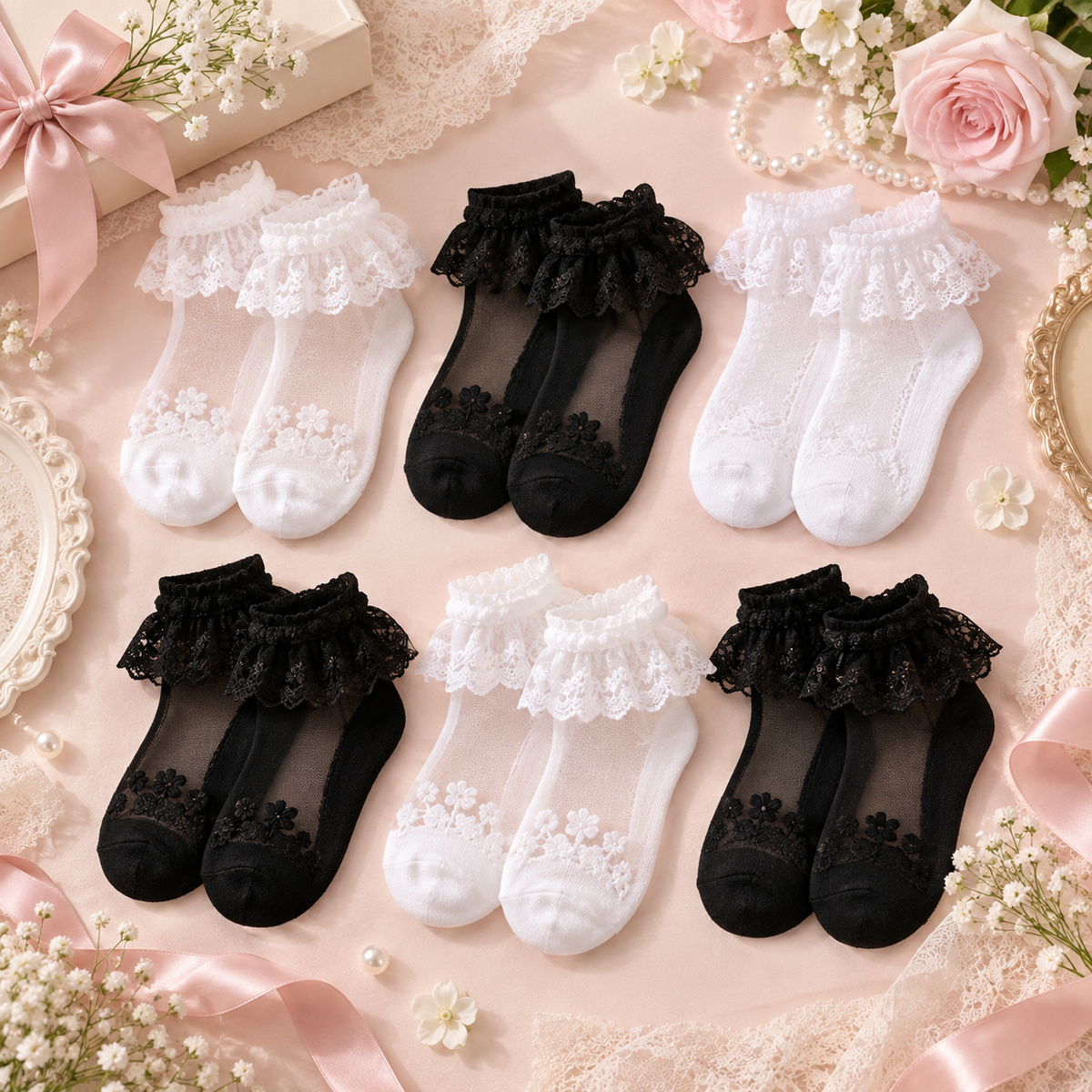 LittleLace™ Crystal Lace Girls' Socks – 6 Pairs