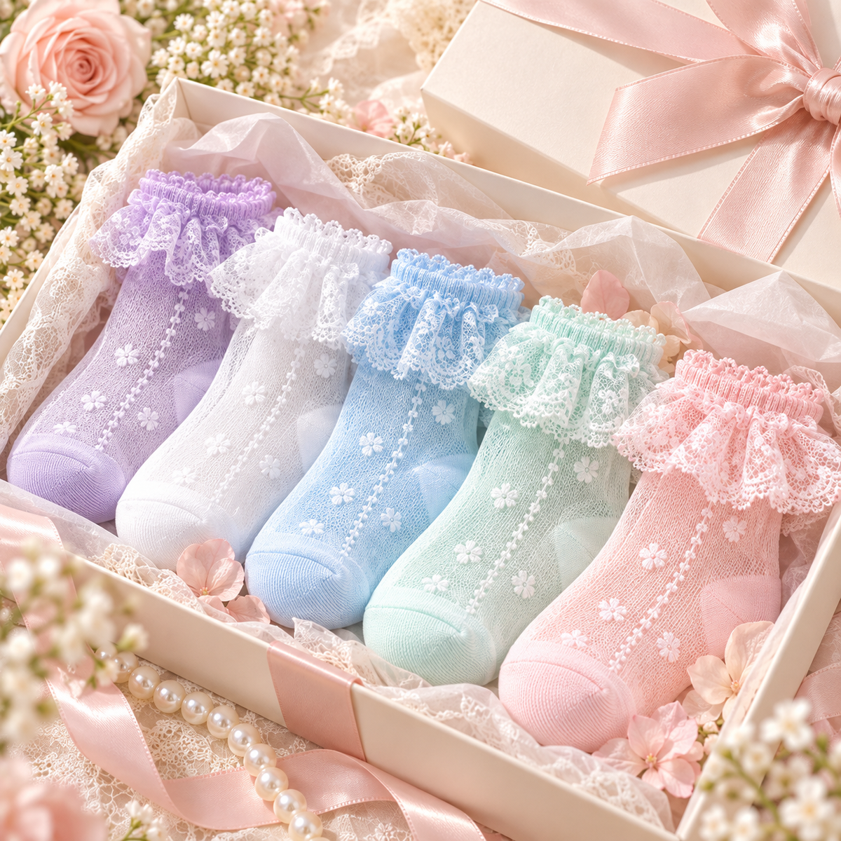 LittleLace™ Pastel Ruffle Lace Socks – 5 Pairs