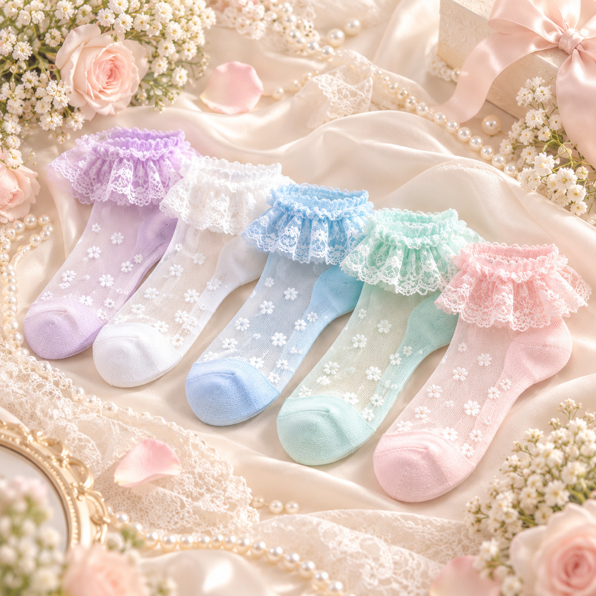 LittleLace™ Pastel Ruffle Lace Socks – 5 Pairs